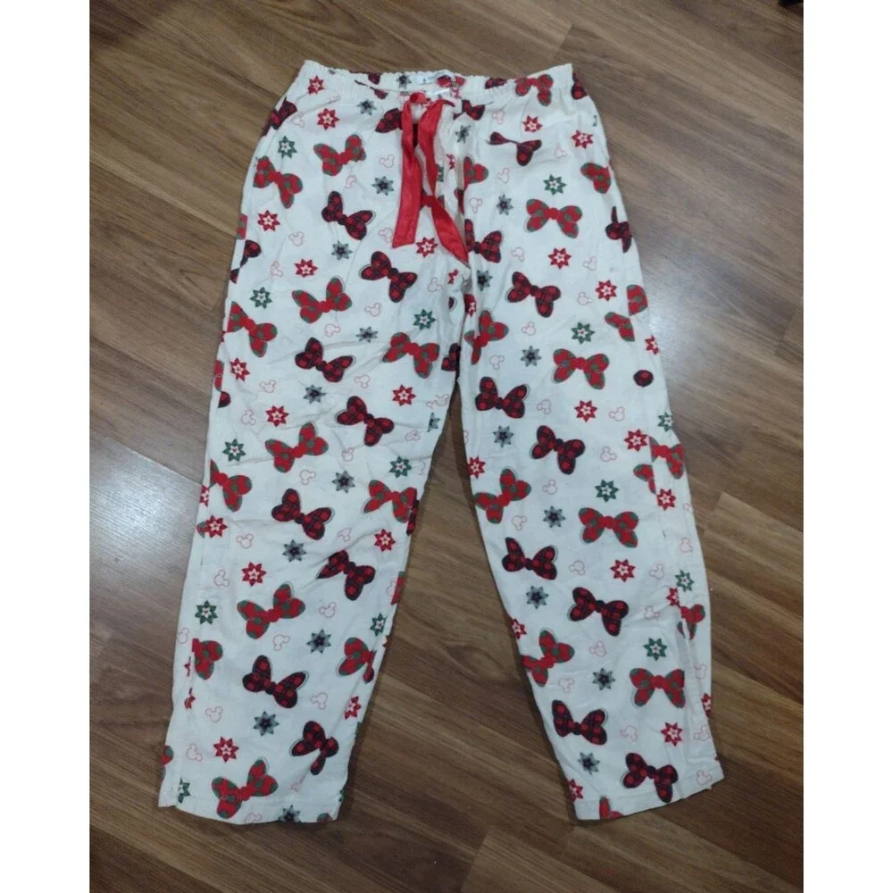 Disney Parks Pajamas Women's L  2 Piece Set Flannel Minnie Mouse Bows Holiday - Picture 7 of 10